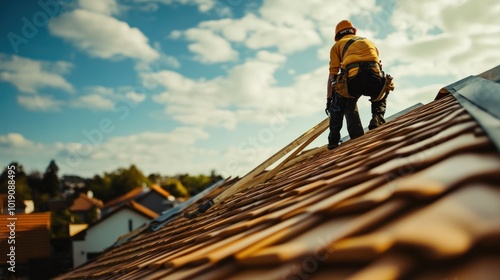 Wallpaper Mural A construction worker in a yellow hardhat and safety harness works on a residential roof under a bright blue sky with fluffy white clouds. Torontodigital.ca