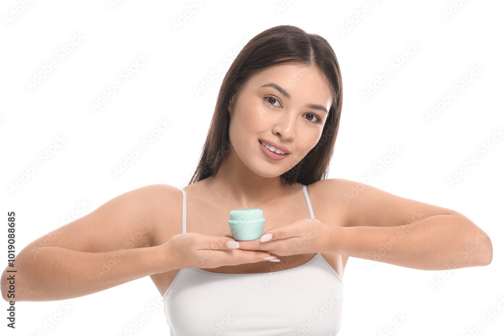 Young Asian woman with jar of facial cream on white background, closeup Young Asian woman with jar of facial cream on white background, closeup