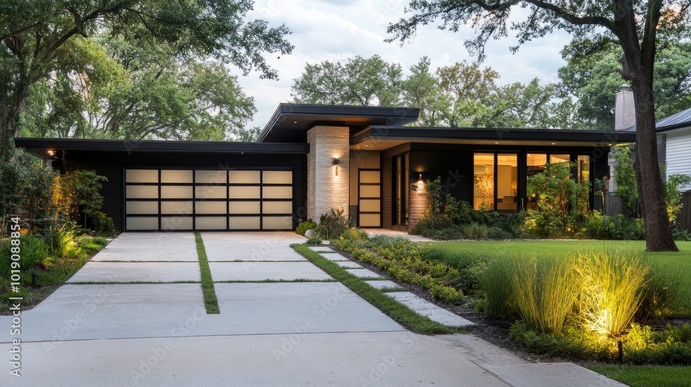Modern home with a concrete driveway and landscaping. Modern home with a concrete driveway and landscaping.