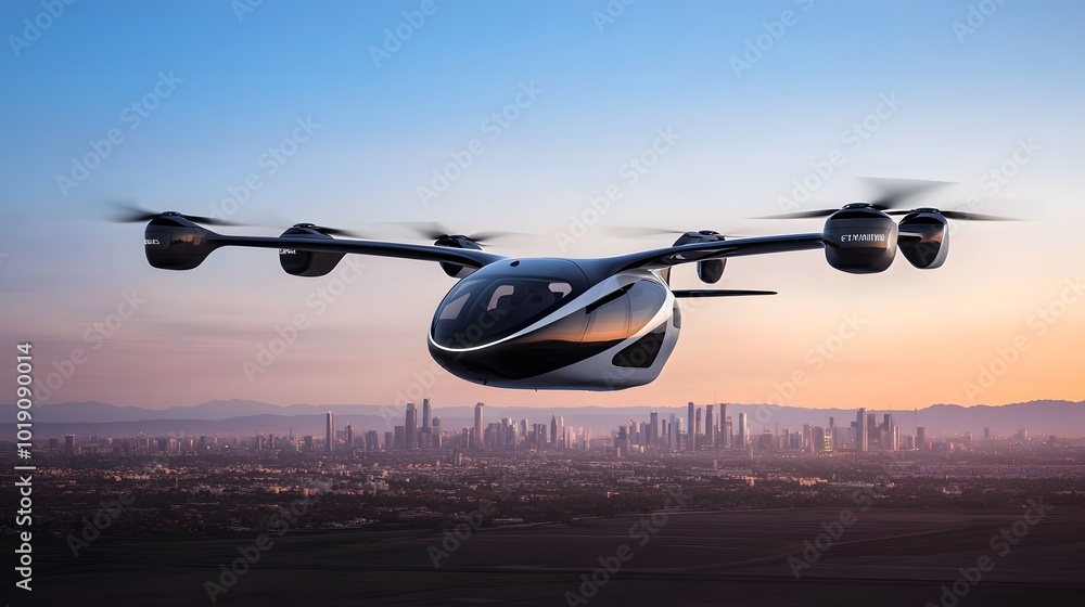 Sleek electric air taxi hovering above futuristic city skyline, smooth aerodynamic design, golden hour sunlight, modern transportation concept Sleek electric air taxi hovering above futuristic city skyline, smooth aerodynamic design, golden hour sunlight, modern transportation concept
