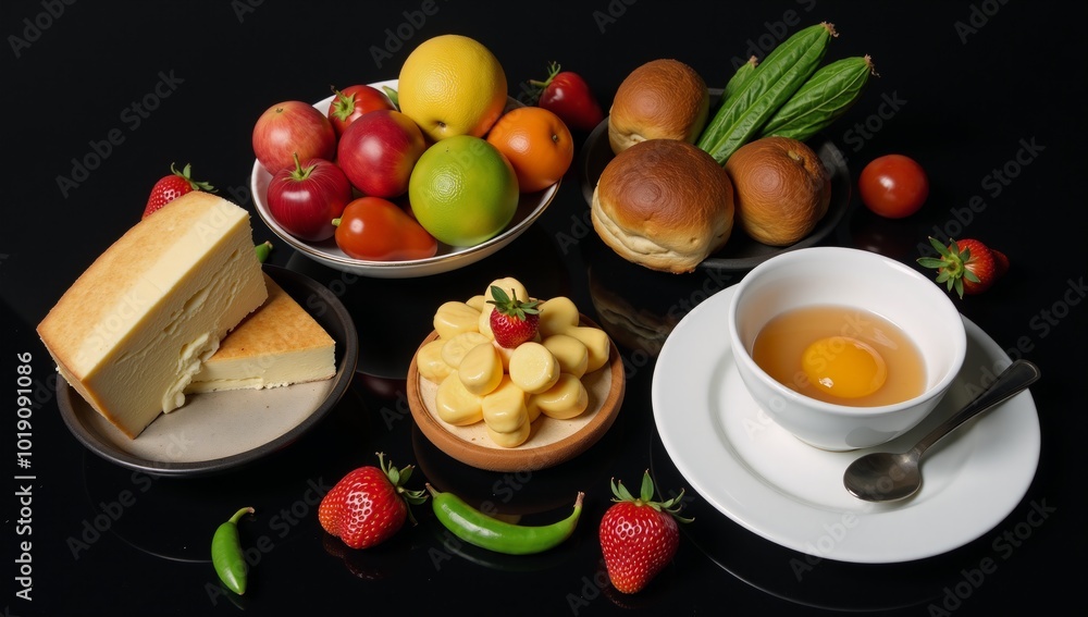 A black-topped table displays assorted food and a steaming cup of tea beside cheeses and additional dishes A black-topped table displays assorted food and a steaming cup of tea beside cheeses and additional dishes