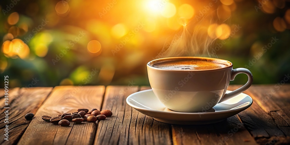 Obraz premium A person holding a cup of coffee in the morning sunlight with shallow depth of field.