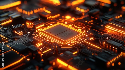 Futuristic Technology Concept, Bright Orange Neon Lights, Electronic Hardware Surface, Modern Tech Background - Glowing Circuit Board Close Up