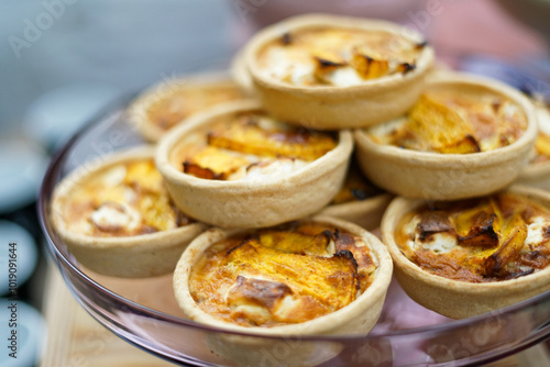 Small tartlets with pears. Close up 