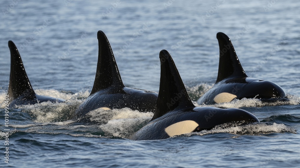Fototapeta premium Group of Orcas Swimming in Ocean Waters