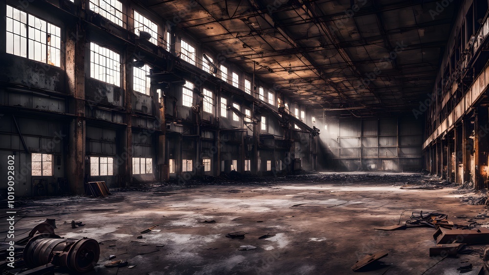 An abandoned factory with dust on the floor and sunlight coming through the windows. An abandoned factory with dust on the floor and sunlight coming through the windows.