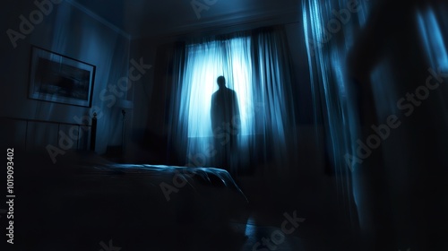 A dark bedroom with moonlight casting a blurred silhouette of a ghostly figure behind a flowing curtain, creating an eerie atmosphere.