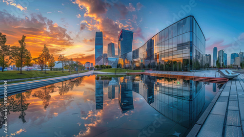 Futuristic skyline with mirrored glass buildings reflecting the sunset.