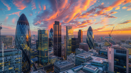 Futuristic skyline with mirrored glass buildings reflecting the sunset.