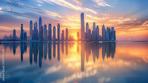 Futuristic skyline with mirrored glass buildings reflecting the sunset.
