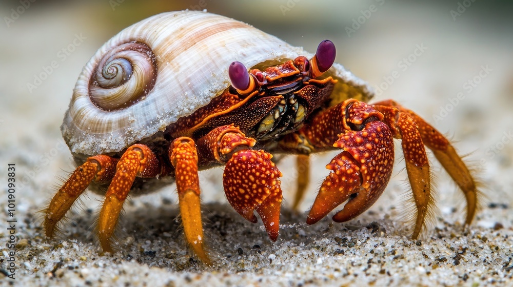 Colorful Hermit Crab on Sandy Beach Surface Colorful Hermit Crab on Sandy Beach Surface