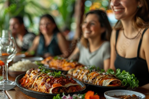 A family enjoying a meal of Mexican food including tortas and enchiladas