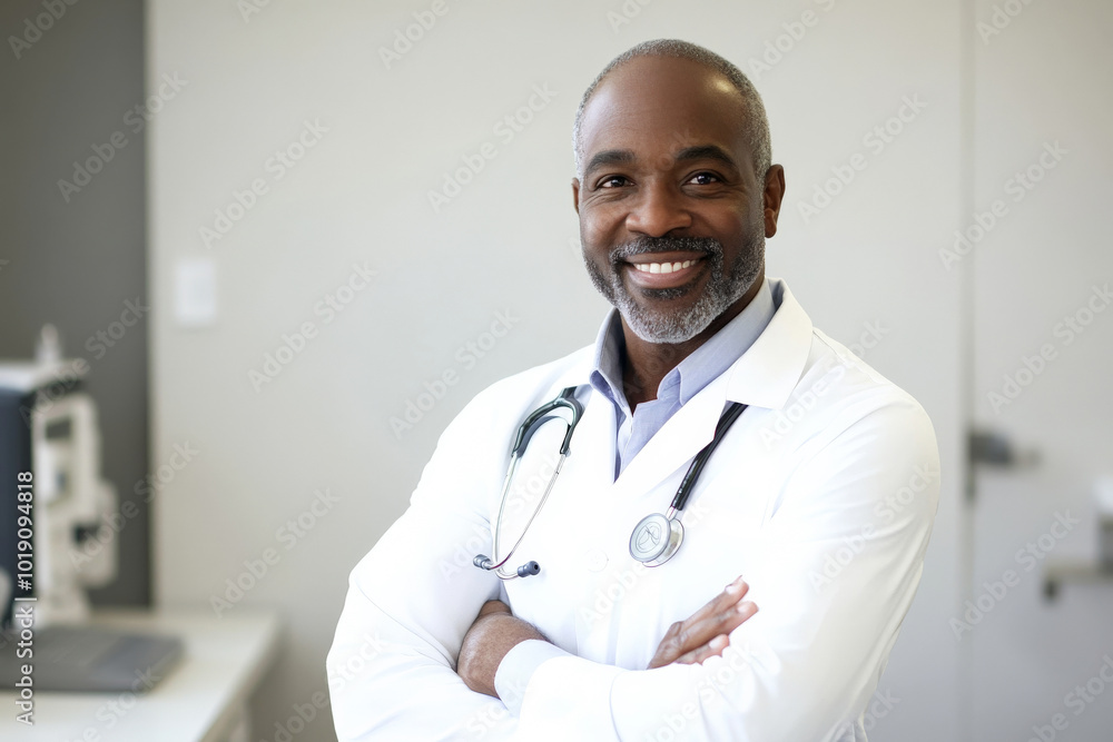 Middle-aged Black male doctor standing with arms crossed in a professional medical office, smiling confidently, clean white background emphasizing his competence and warmth. Middle-aged Black male doctor standing with arms crossed in a professional medical office, smiling confidently, clean white background emphasizing his competence and warmth.