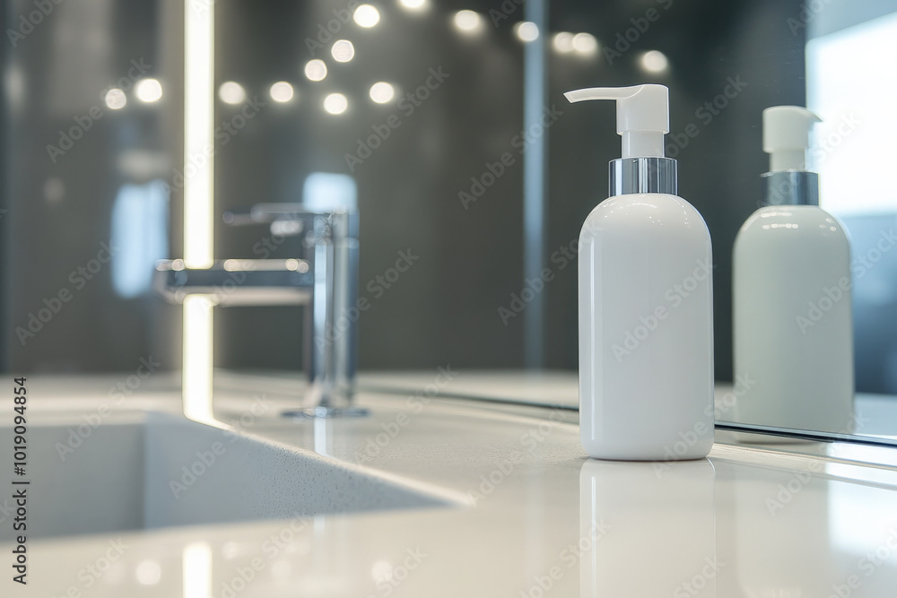 A white plastic lotion bottle with a pump on the mirror edge, seen from a low angle, creating an illusion of size and prominence in a modern bathroom with clean reflections. A white plastic lotion bottle with a pump on the mirror edge, seen from a low angle, creating an illusion of size and prominence in a modern bathroom with clean reflections.
