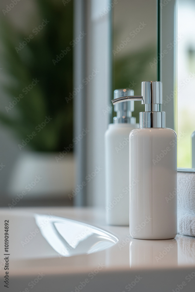 A low-angle shot of a white lotion pump bottle perched on a bathroom mirror’s edge, highlighting its height and value, with the sleek mirror surface reflecting its clean, polished appearance. A low-angle shot of a white lotion pump bottle perched on a bathroom mirror’s edge, highlighting its height and value, with the sleek mirror surface reflecting its clean, polished appearance.