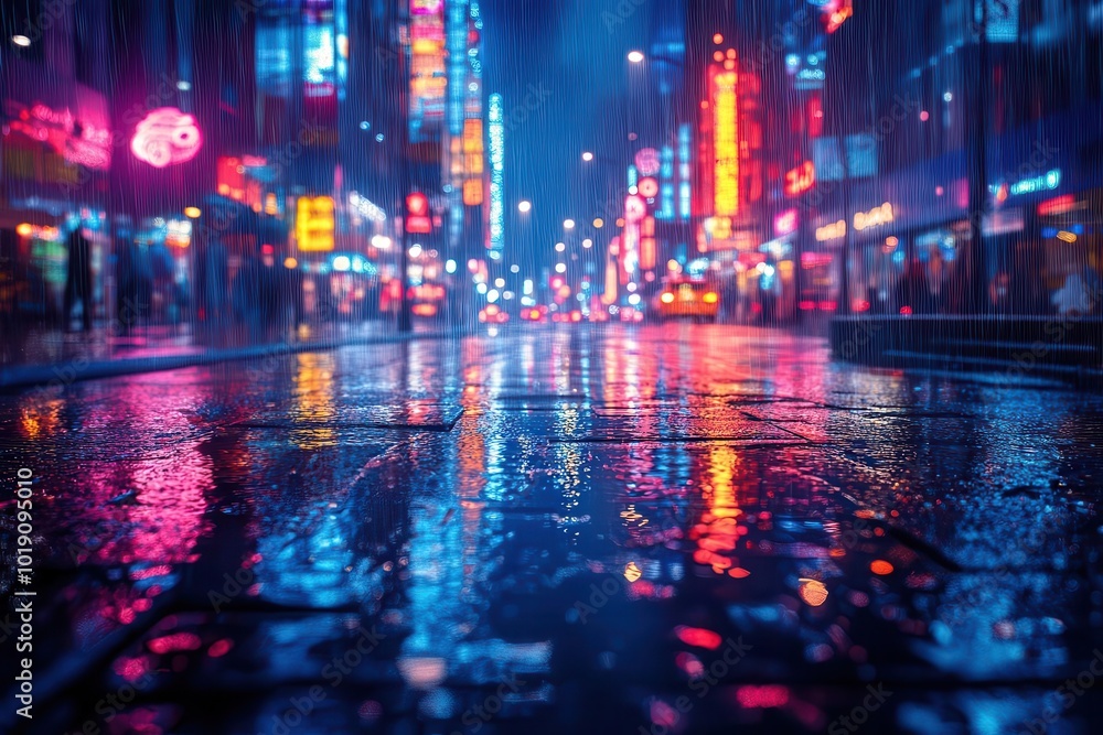 Fototapeta premium neondrenched urban nightscape reflections dancing in rain puddles blurred bokeh lights create an abstract ethereal atmosphere vibrant colors pierce the darkness