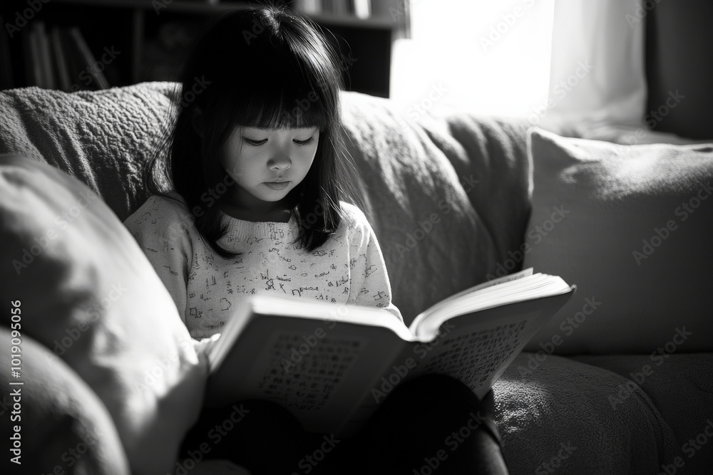 A young Japanese girl focused on reading a thick book, sitting on a plush couch in a cozy room with gentle lighting, surrounded by soft pillows, celebrating International Literacy Day. A young Japanese girl focused on reading a thick book, sitting on a plush couch in a cozy room with gentle lighting, surrounded by soft pillows, celebrating International Literacy Day.