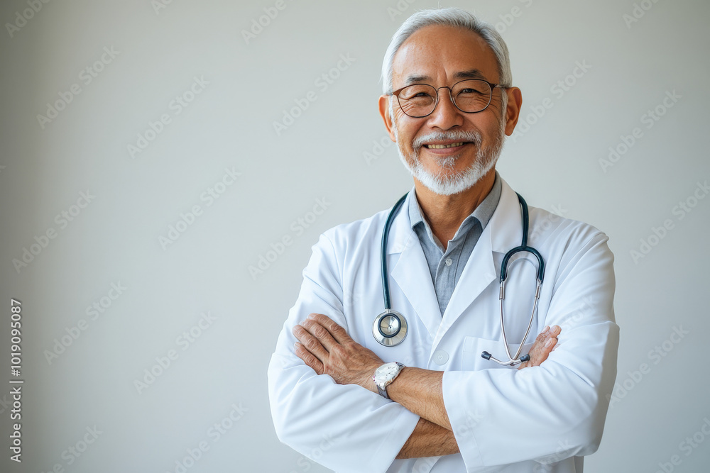 Senior Japanese male doctor, arms confidently crossed, smiling in his medical office, white coat pristine, and the clean white background emphasizing his experience and warmth. Senior Japanese male doctor, arms confidently crossed, smiling in his medical office, white coat pristine, and the clean white background emphasizing his experience and warmth.