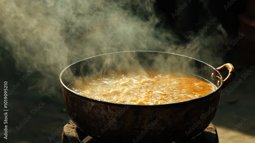 Delicious Thai Curry Simmering in Traditional Cooking Pot, Home Cooking Concept Delicious Thai Curry Simmering in Traditional Cooking Pot, Home Cooking Concept