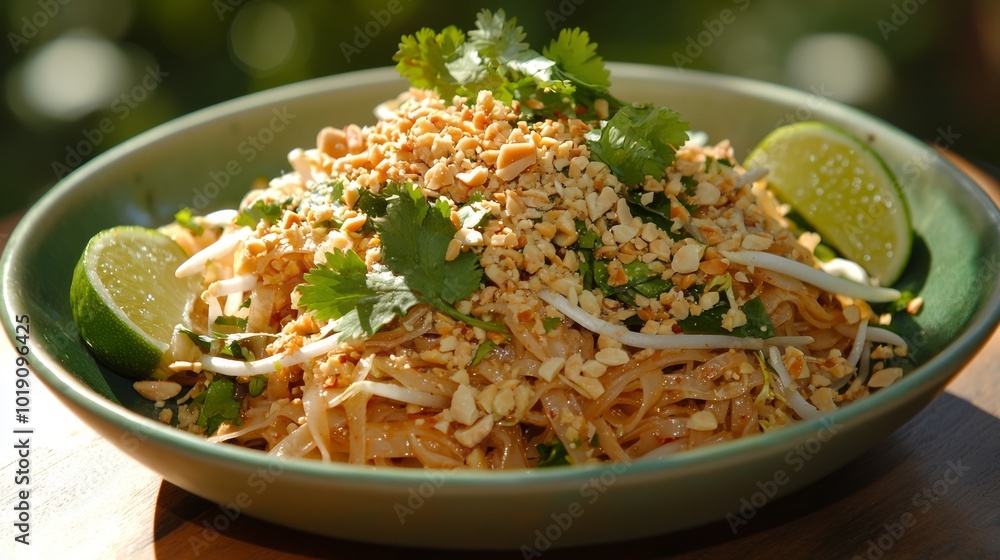 Exquisite Pad Thai Presentation with Crushed Peanuts and Fresh Herbs - Close-Up of a Flavorful Thai Dish Exquisite Pad Thai Presentation with Crushed Peanuts and Fresh Herbs - Close-Up of a Flavorful Thai Dish