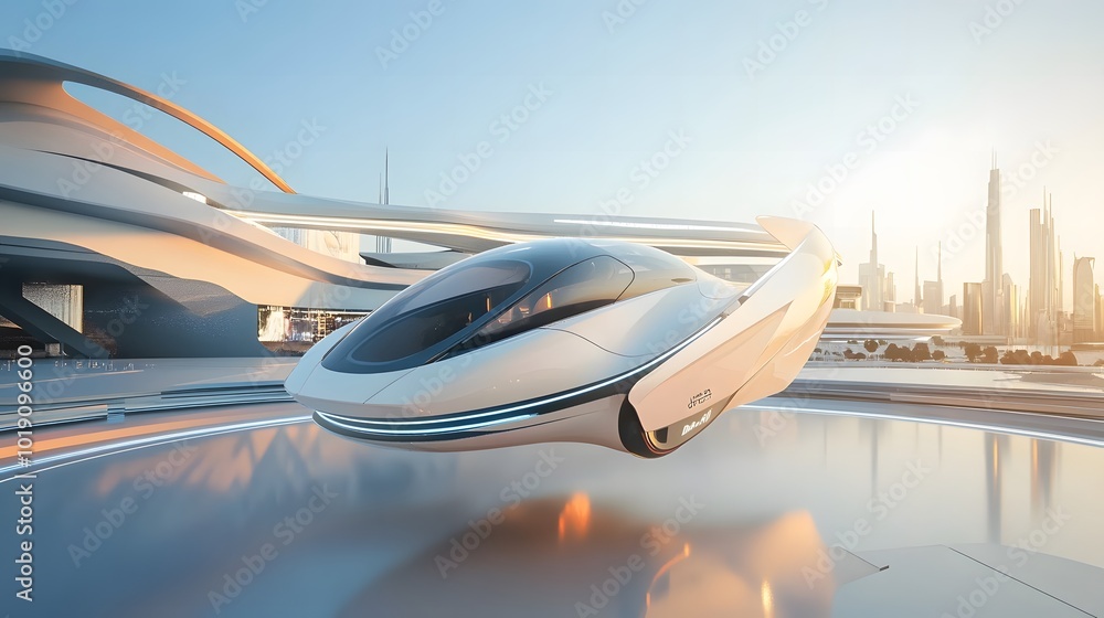 Obraz premium Sleek electric air taxi hovering above futuristic city skyline, smooth aerodynamic design, golden hour sunlight, modern transportation concept 