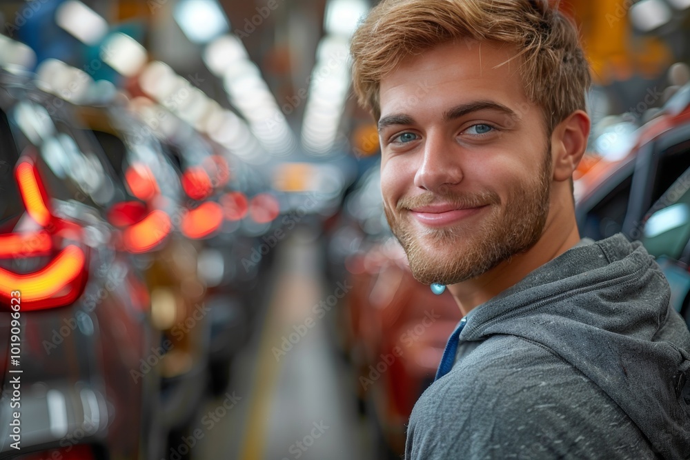 Fototapeta premium Young man selecting his ideal vehicle at a local car dealership for a new adventure