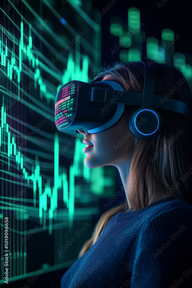 A young adult Caucasian woman wearing a VR headset, immersed in stock trading on a metaverse platform, with floating green and blue financial data graphs against a futuristic black background. A young adult Caucasian woman wearing a VR headset, immersed in stock trading on a metaverse platform, with floating green and blue financial data graphs against a futuristic black background.