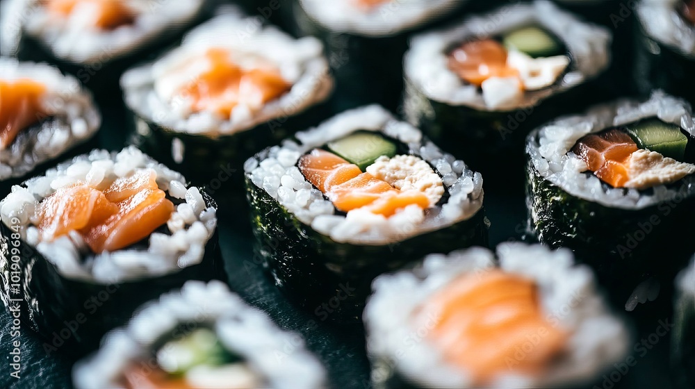 Sushi rolls with rice, salmon, avocado, cream cheese, seaweed, and a dark slate surface seen up close. Sushi rolls with rice, salmon, avocado, cream cheese, seaweed, and a dark slate surface seen up close.