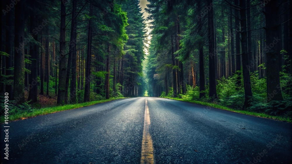Naklejka premium A scenic road leading through a dark forest