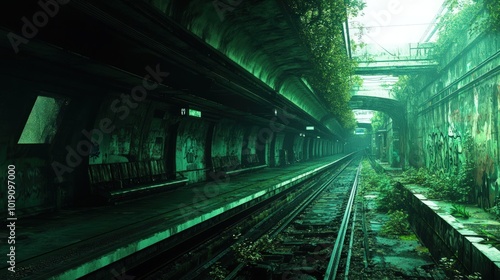 An abandoned subway station overgrown with greenery, creating a haunting and ethereal atmosphere.