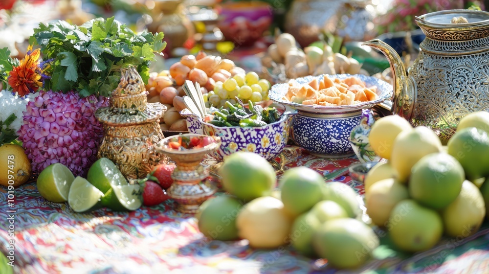 Fototapeta premium Tropical Feast: Vibrant Outdoor Picnic in Thailand with Traditional Dishes and Colorful Decorations Celebrating Communal Dining