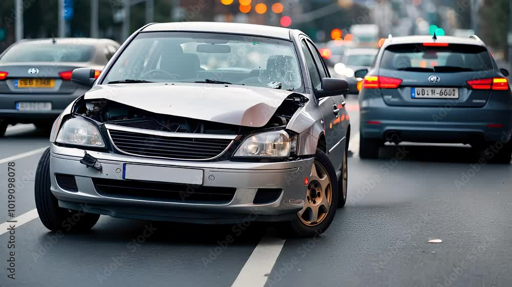 Damaged Car in City Traffic After Accident Damaged Car in City Traffic After Accident