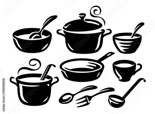 Kitchenware icons set. Kitchen utensils symbols for restaurant or cafe menu. Cooking concept vector illustration