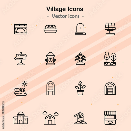 Icons representing themes related to village life and community.