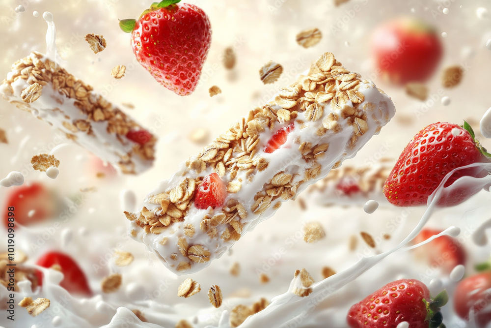 Granola bars and fresh strawberries levitating in mid-air, surrounded by dynamic splashes of yogurt. The bright lighting and shallow depth of field create an engaging frame-filling composition. Granola bars and fresh strawberries levitating in mid-air, surrounded by dynamic splashes of yogurt. The bright lighting and shallow depth of field create an engaging frame-filling composition.