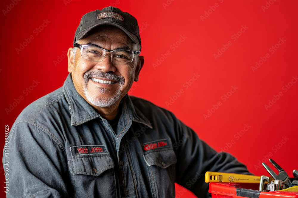 Fototapeta premium A senior Hispanic male plumber, smiling warmly in a professional work setting, with tools and a toolbox in the foreground, on a red background.