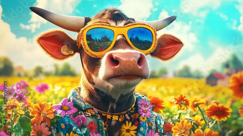 Funny cartoon cow with a nice farmer's outfit and bright, retro, vintage hippie accessories in a countryside setting. Unique digital painting with a creative party animal concept.