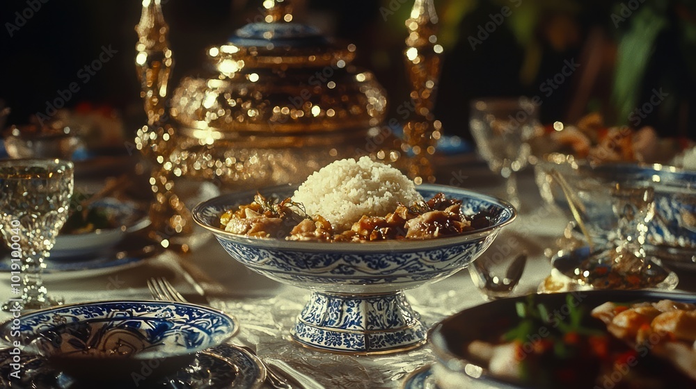 Timeless Traditions: Traditional Thai Family Dinner with Regional Dishes in Ornate Tableware, Communal Dining Concept Timeless Traditions: Traditional Thai Family Dinner with Regional Dishes in Ornate Tableware, Communal Dining Concept
