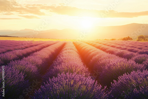 Expansive lavender fields stretching to the horizon, basking in the warm glow of sunset