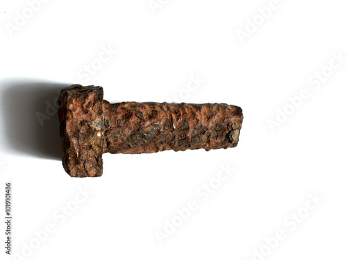 close up of a railway bolt on white background