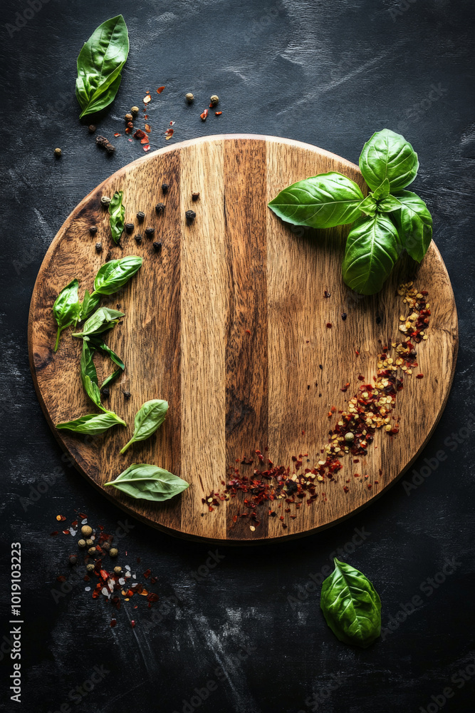 Rustic round wooden board set against a dark backdrop with fresh basil, dried oregano, and crushed red pepper flakes encircling the board, designed for menu presentation. Rustic round wooden board set against a dark backdrop with fresh basil, dried oregano, and crushed red pepper flakes encircling the board, designed for menu presentation.