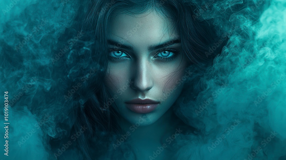 Fantasy portrait of a beautiful woman with blue eyes and smoke in her hair Fantasy portrait of a beautiful woman with blue eyes and smoke in her hair