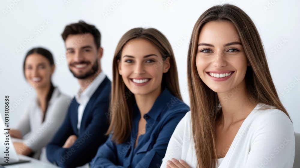 Smiling Team in Corporate Office Setting Smiling Team in Corporate Office Setting