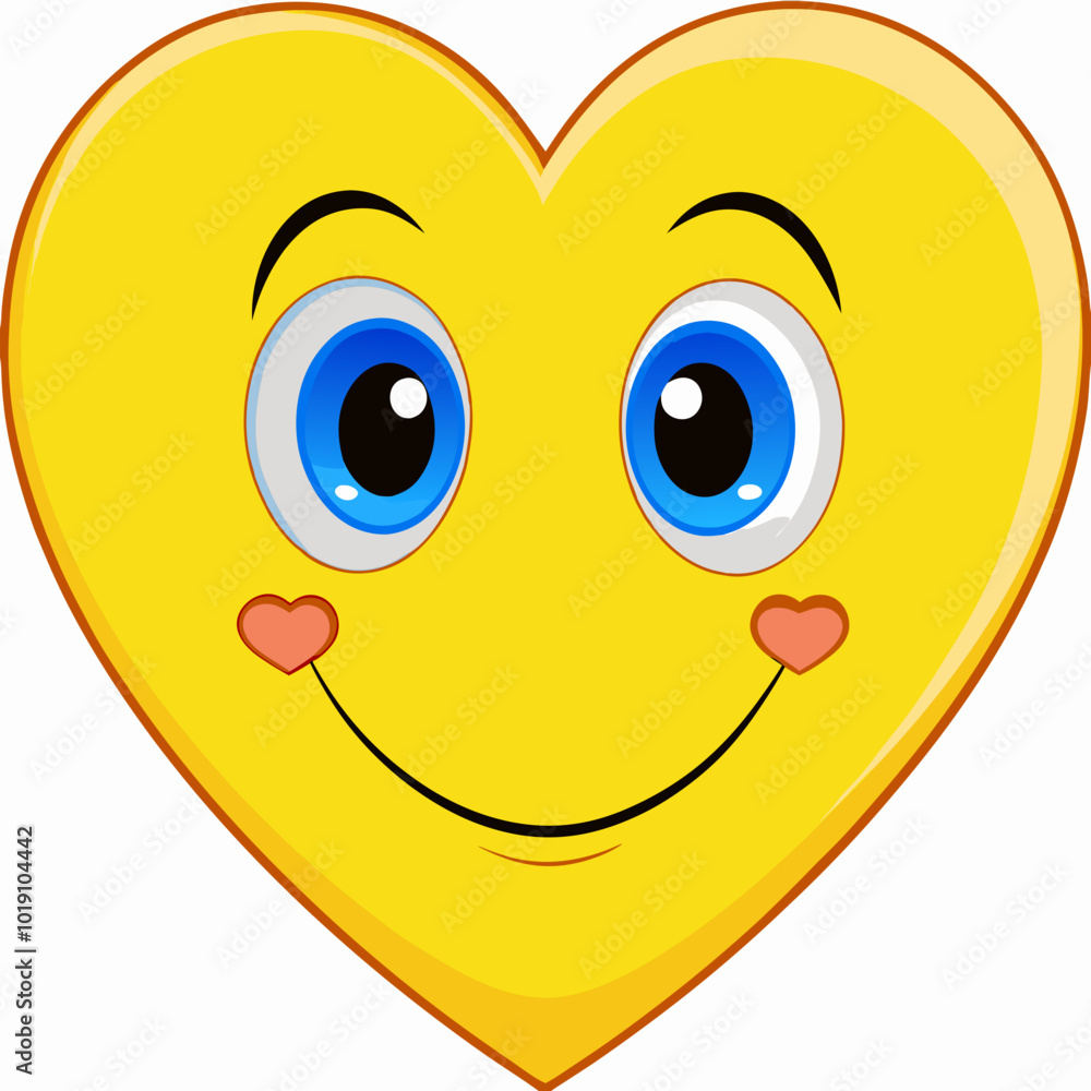 Fototapeta premium Cheerful yellow heart emoji with blue eyes and smiling face on white background