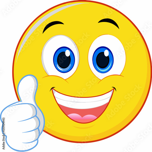 Cheerful smiling emoji with blue eyes giving thumbs up gesture on white background