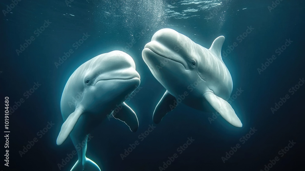 Fototapeta premium Gentle Belugas Swimming in Deep Blue Water