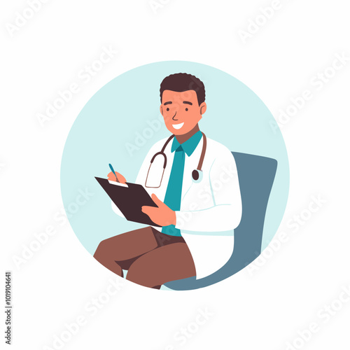 Doctor sitting with a clipboard and pen smiling in a medical setting on a white background for concept
