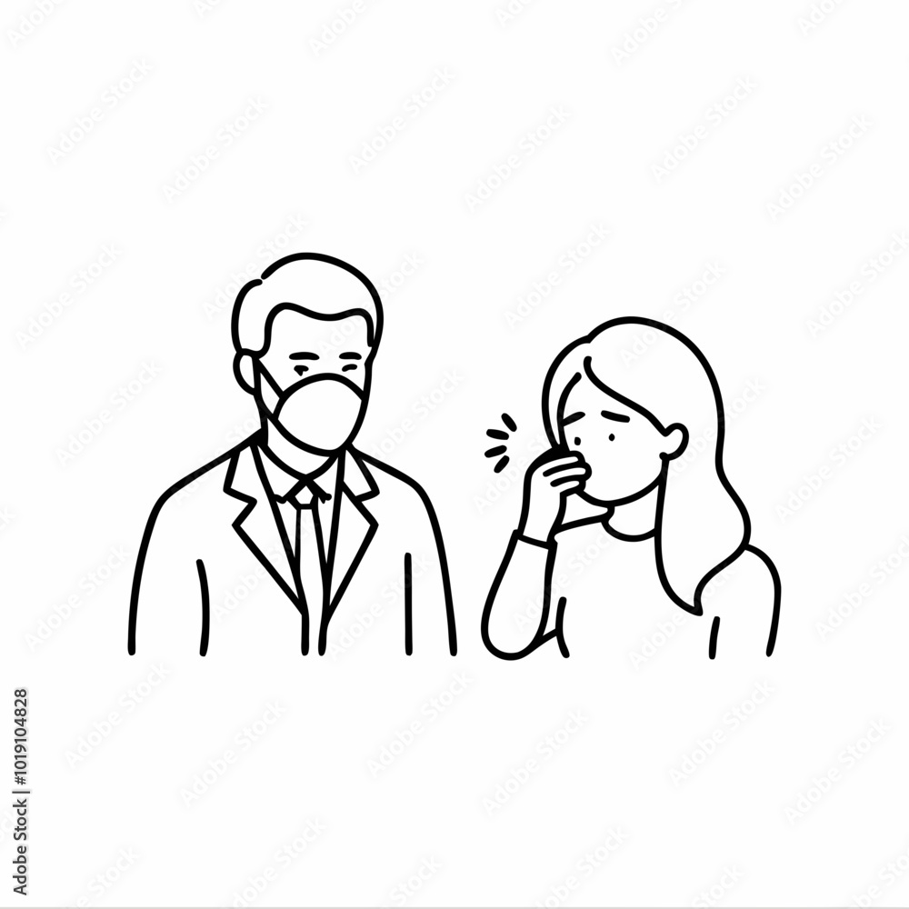 Doctor observing female patient coughing into elbow, medical examination in minimalist style. Concept of healthcare, medical consultation, respiratory illness Doctor observing female patient coughing into elbow, medical examination in minimalist style. Concept of healthcare, medical consultation, respiratory illness
