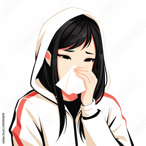 Young woman with a sad emotion blowing her nose with a tissue on a white background