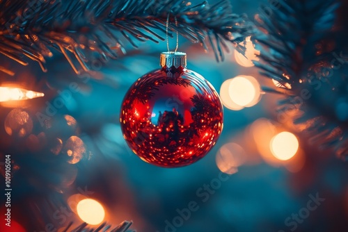 Close-up of a red Christmas ball hanging from a tree, reflecting the lights and festive decorations